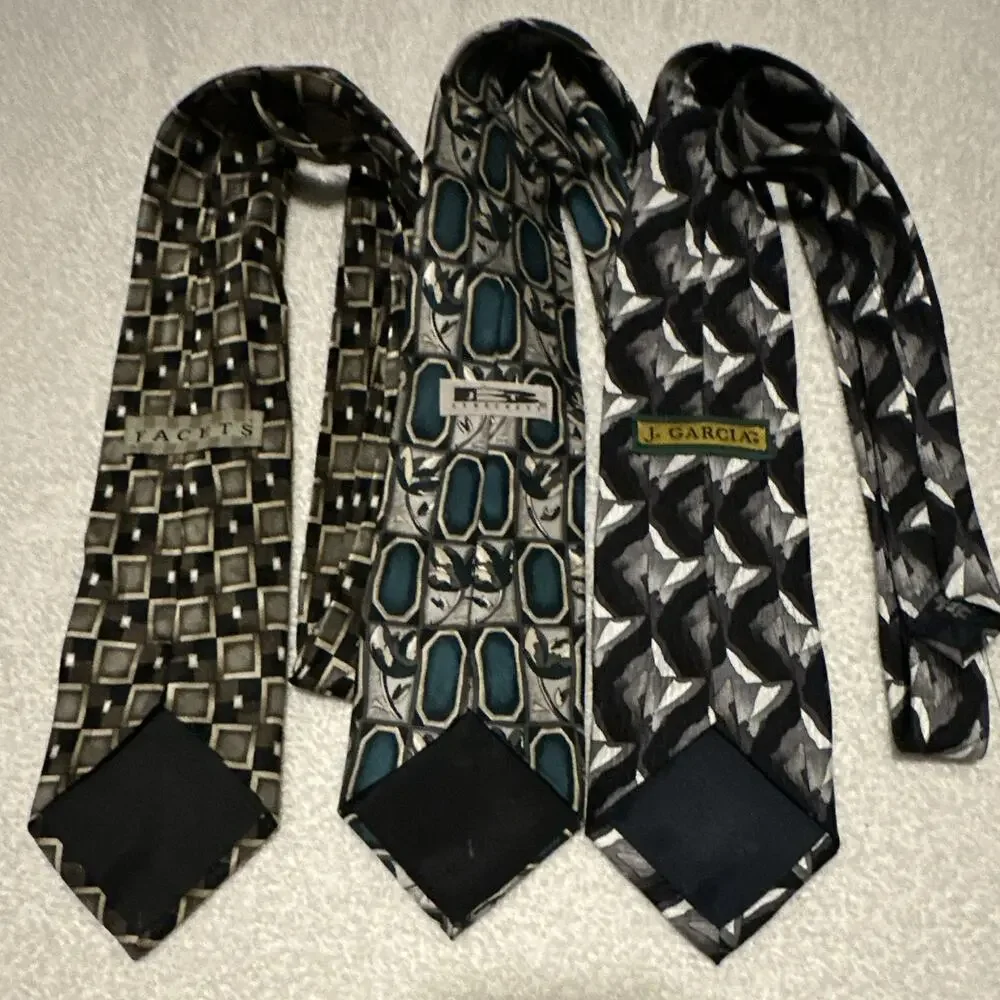 Mixed Designer Brands Men’s 3-Piece 100% Silk Woven Ties, Geometric Black